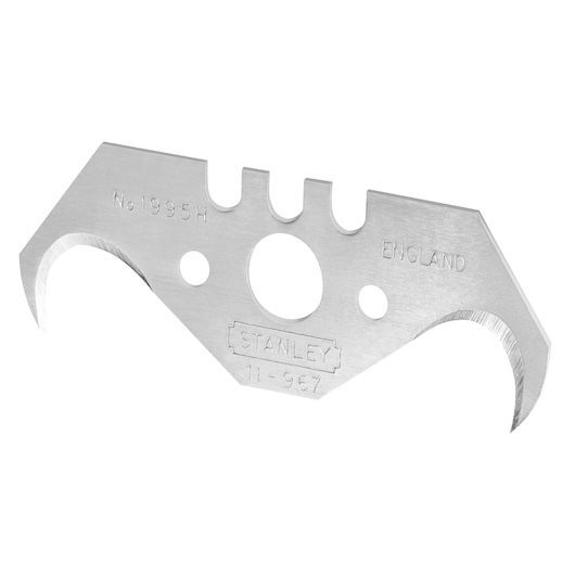 STANLEY 1-11-967 hook utility blade with dual hook edges, silver finish, white background, top view.