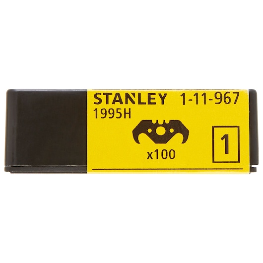 STANLEY 1-11-967 utility knife blades pack, yellow and black, front angle, product category photography.