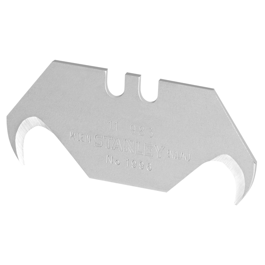 Photo of STANLEY 1-11-983 hook utility blade, silver color, angled view on white background.