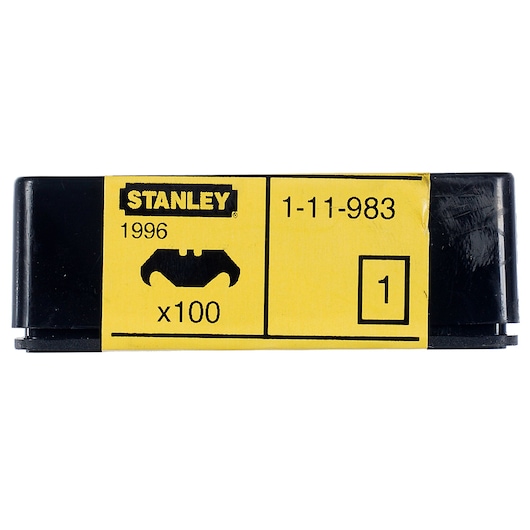 STANLEY 1-11-983 photography of yellow and black utility blade pack, front angle.