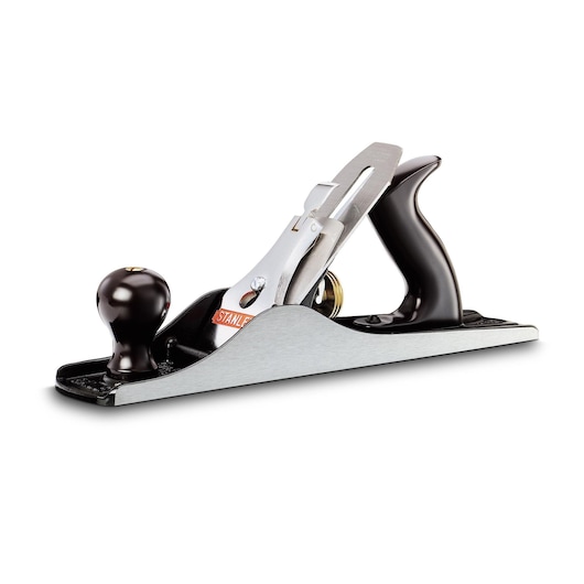 STANLEY 1-12-005 bench plane, side angle, black handle and knob, silver base, carpentry hand tool.