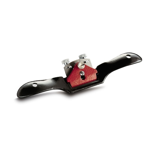 STANLEY 1-12-151 spokeshave with black handles and red body, front angle on white background.