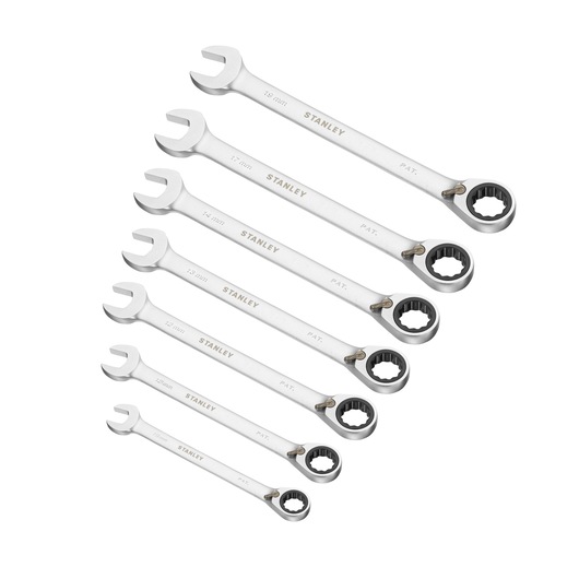 STANLEY 1-13-310 wrench set, seven silver ratcheting combination wrenches, top view on white background.