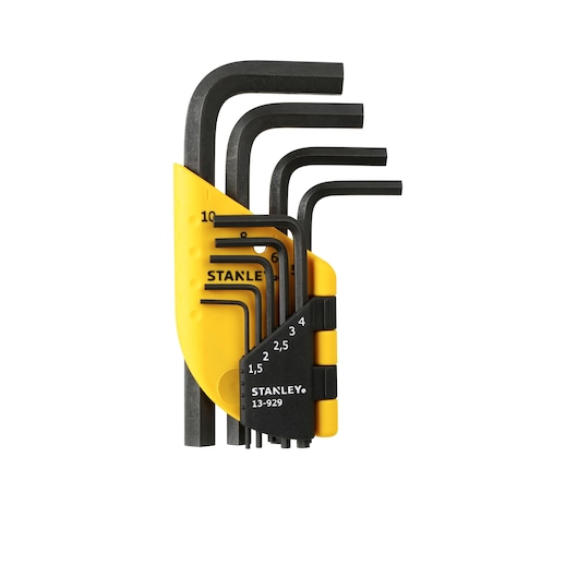 STANLEY 1-13-929 hex key set with yellow and black holder, front angle, all keys organized by size.