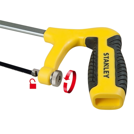 STANLEY 1-15-317 mini hacksaw with yellow and black handle, blade locking knob visible, white background.