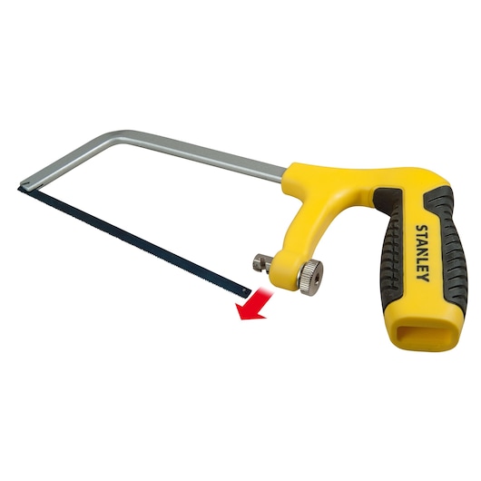 STANLEY 1-15-317 mini hacksaw with yellow and black handle, side angle on white background.