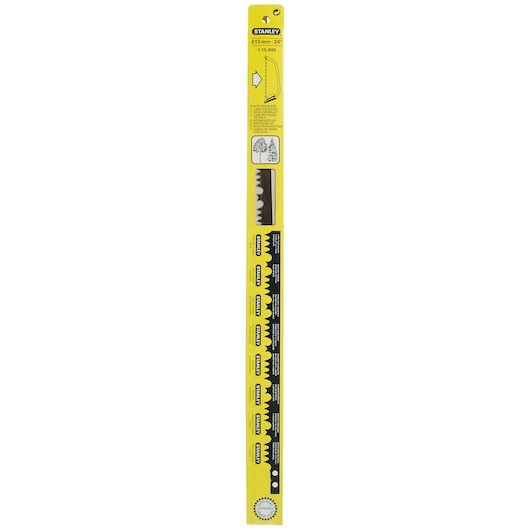 STANLEY 1-15-446 saw blade in yellow packaging, photography of front angle on white background.