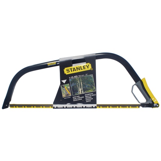 Stanley 1-15-453 bow saw, black and yellow frame, 760 mm blade, front view, hand tool category.