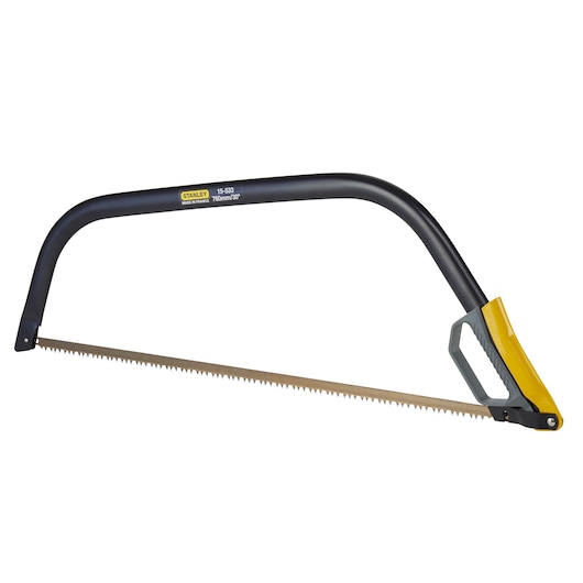 Stanley 30-inch bow saw with metal frame and serrated blade for cutting wood.