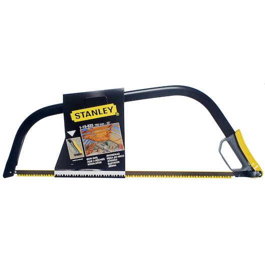 Photo of STANLEY 1-15-533 bow saw, black and yellow frame, 30 inch blade, side angle on white background.