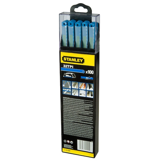Stanley 1-15-559 hacksaw blades pack, 32TPI, 300mm, box of 100, front angle on white background.