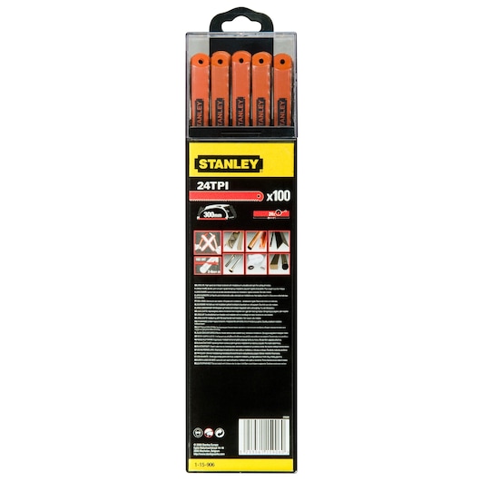 STANLEY 1-15-906 24TPI hacksaw blades pack, black and yellow packaging, rear view, shows five orange blades.