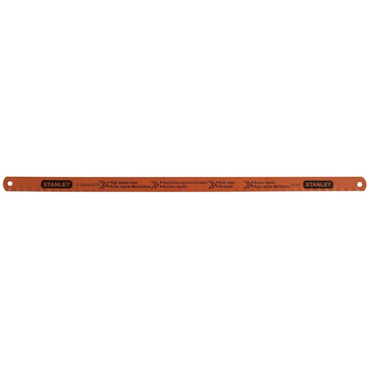 Stanley high speed steel hacksaw blade, orange, 12 teeth, for cutting metal. SKU 1-15-907.