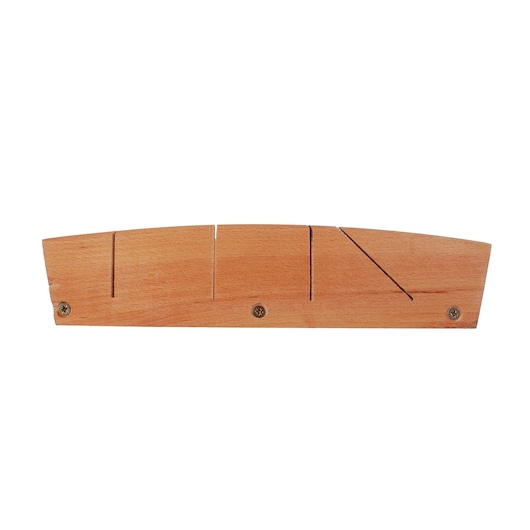 STANLEY 1-19-194 wooden mitre box, front angle, with straight and angled saw slots and visible screws.