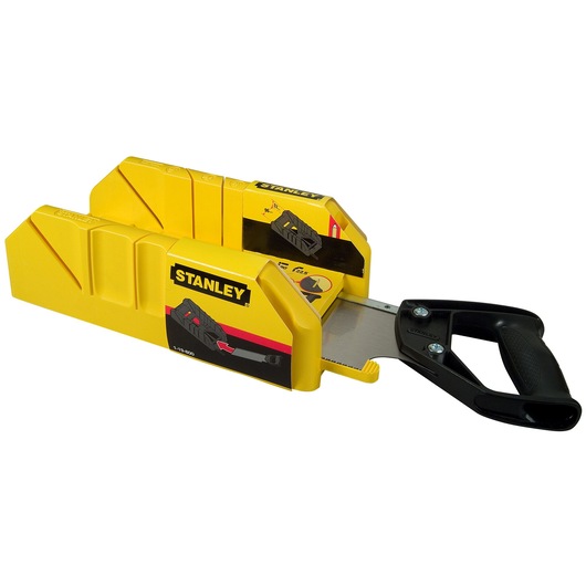 Photo of STANLEY 1-19-800 mitre box and saw set, yellow plastic body with black handle, front angle.