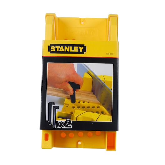 STANLEY 1-20-112 yellow mitre box front angle photography, with illustrated cutting use, two packs.