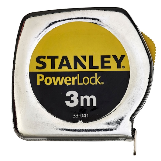 STANLEY 1-33-041 tape measure, chrome body with yellow and black label, front angle, 3m length.