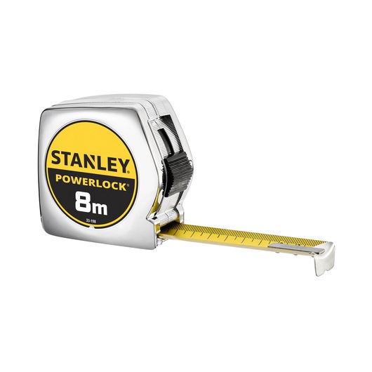 Photo of STANLEY 1-33-198 tape measure, PowerLock, 8m, yellow blade, chrome case, angled view on white.