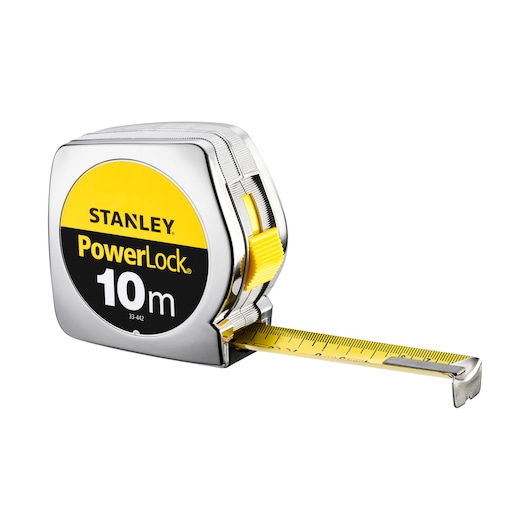 STANLEY 1-33-442 PowerLock tape measure, silver and yellow, product side angle on white background.