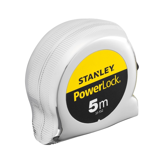 STANLEY 1-33-552 PowerLock 5m tape measure, silver and yellow, side angle on white background.