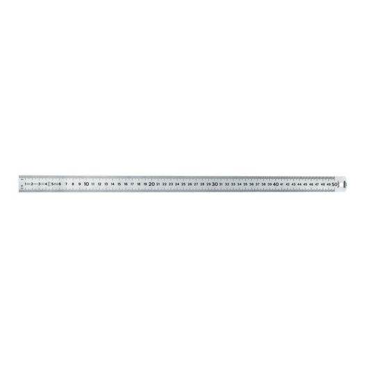 Metal ruler with centimeter markings from 0 to 50, used for precise measuring tasks.