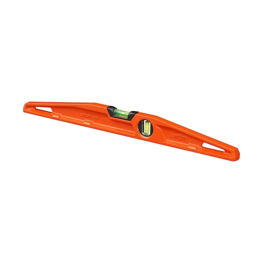 STANLEY 1-42-313 orange spirit level, two vials, oblique angle, white background.
