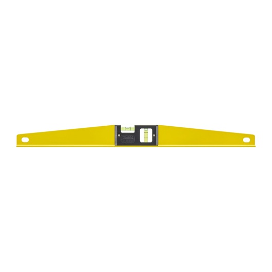 STANLEY 1-42-804 yellow spirit level with two vials, photography, front angle on white background.