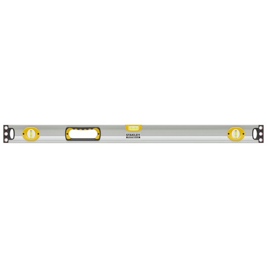Photo of STANLEY 1-43-537 spirit level with silver body, yellow vial holders, and black handle, front angle.