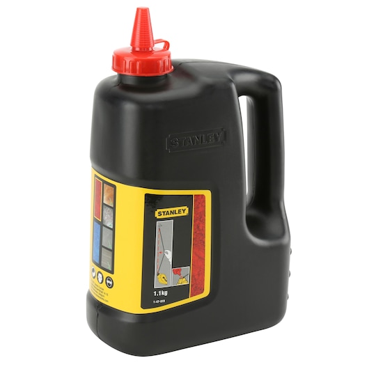 STANLEY 1-47-919 black chalk powder container with red dispensing cap, front angle, product label visible.