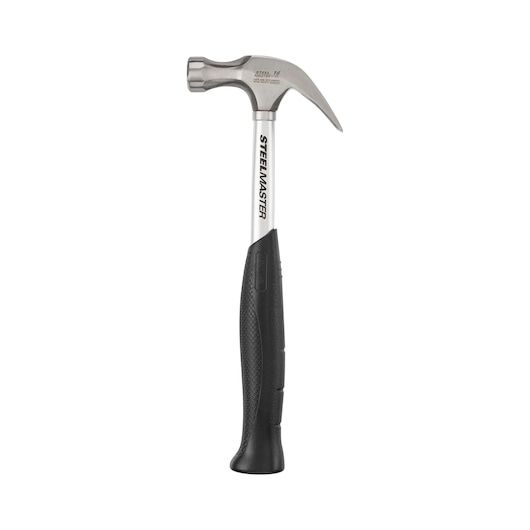 STANLEY 1-51-031 claw hammer, SteelMaster, silver head and shaft, black grip, front angle, photography