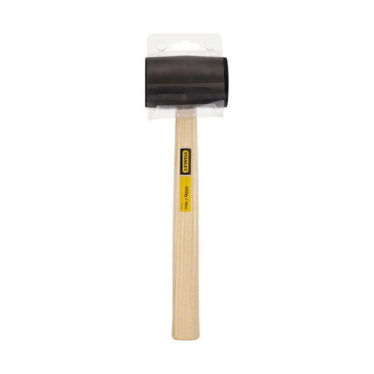 STANLEY 1-51-104 rubber mallet with black head and wooden handle, product photography, front angle.