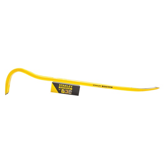 Photo of STANLEY 1-55-513 yellow crowbar with curved and flat ends, side angle on white background.