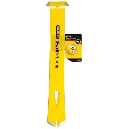 STANLEY 1-55-516 pry bar, yellow steel with beveled ends, straight-on view, FatMax branding.