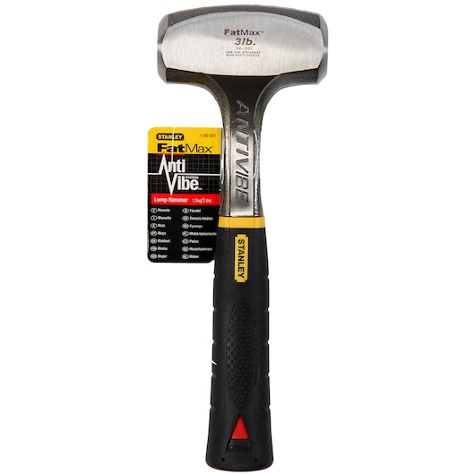 Photo of STANLEY 1-56-001 lump hammer with black handle, silver head, FatMax and AntiVibe branding, front angle.