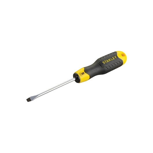 STANLEY 1-64-916 flathead screwdriver with black and yellow ergonomic handle, side angle on white background.
