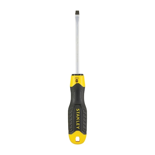 Photo of STANLEY 1-64-916 flathead screwdriver with yellow and black handle, front view on white background.