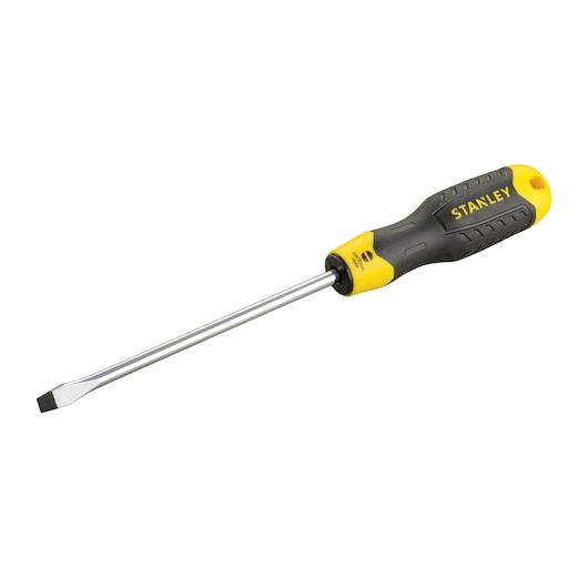 Photo of STANLEY 1-64-919 slotted screwdriver with yellow and black ergonomic handle, side angle on white background.