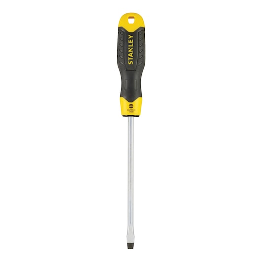 Photo of STANLEY 1-64-919 flathead screwdriver with yellow and black handle, straight blade, front angle on white background.