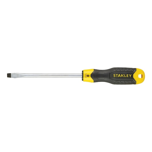 Photo of STANLEY 1-64-921 flathead screwdriver with yellow and black ergonomic handle, side angle on white background.