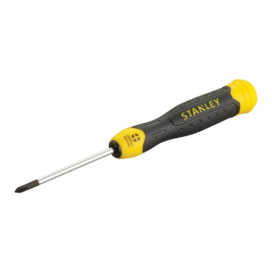 STANLEY 1-64-930 Phillips screwdriver with black and yellow handle, side view on white background.