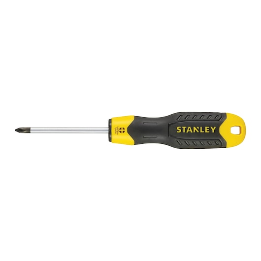 Stanley Phillips screwdriver with yellow and black handle, metal shaft, and pointed tip.