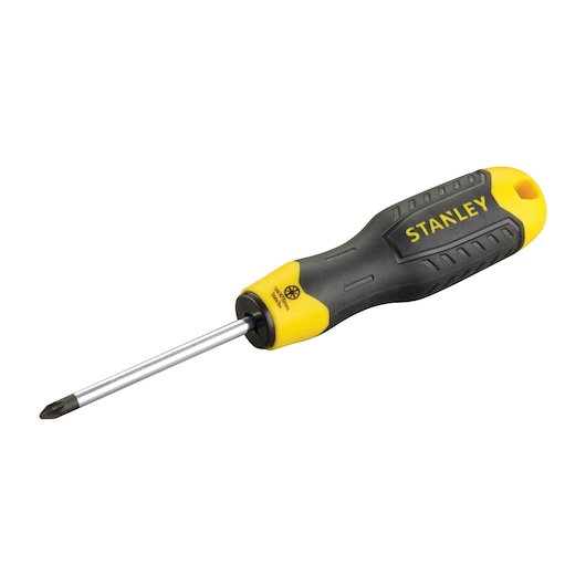STANLEY 1-64-955 Phillips screwdriver with yellow and black ergonomic handle, side angle on white background.