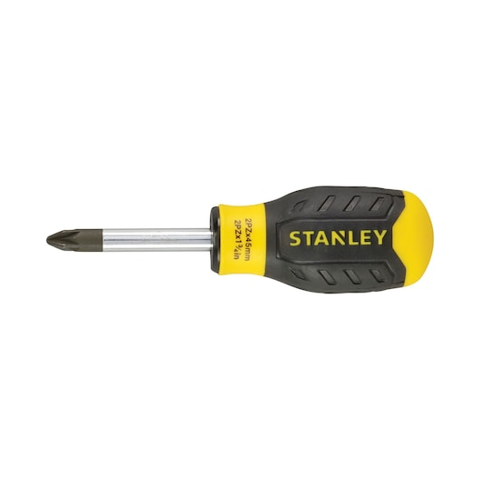Photo of STANLEY 1-64-956 Phillips screwdriver with black and yellow ergonomic handle, side view, white background.