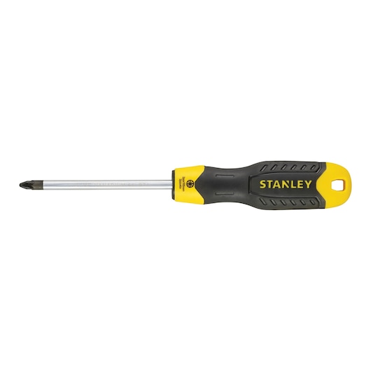 STANLEY 1-64-974 Phillips screwdriver with yellow and black ergonomic handle, straight angle, on white background.