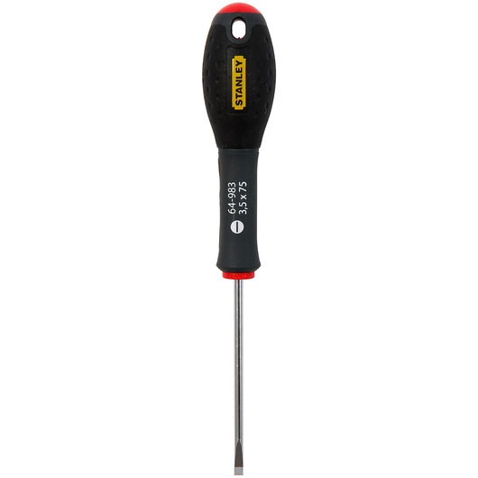 STANLEY 1-64-983 flathead screwdriver, black and red handle, straight-on view on white background.