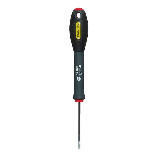 STANLEY 1-65-006 slotted screwdriver front view, black and yellow handle, silver blade, white background.