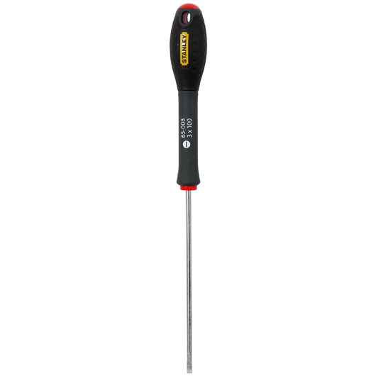 Stanley flathead screwdriver with black handle and metal shaft, tool for driving screws.