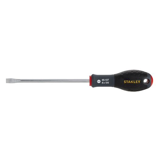 Stanley flathead screwdriver with black handle and silver shaft, model 1-65-137, shown on white background.