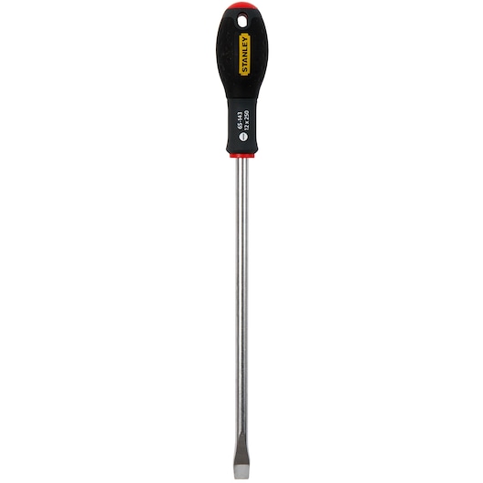 Photo of STANLEY 1-65-143 flathead screwdriver with black handle, front angle on white background.
