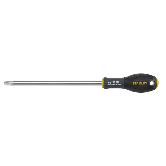 STANLEY 1-65-317 Phillips screwdriver with black and yellow handle, long shaft, side view, white background.